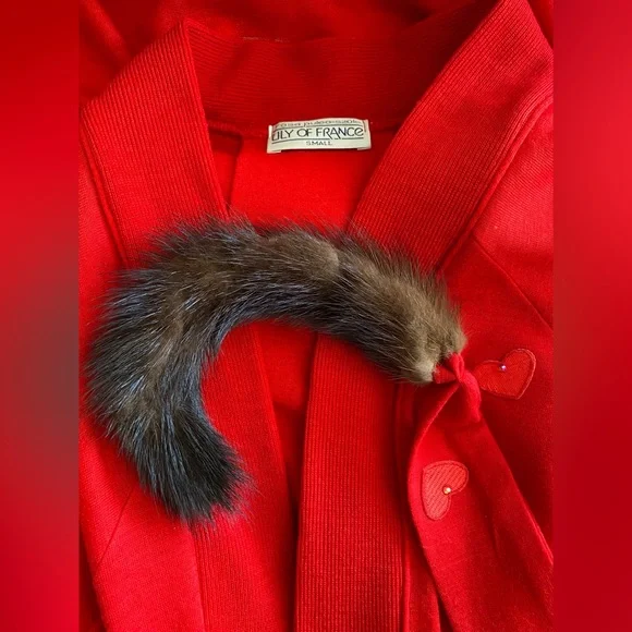 Vintage Red Wool Fur Belt 70s Bathrobe *Small* LILY Of FRANCE Raglan Sleeve Knit